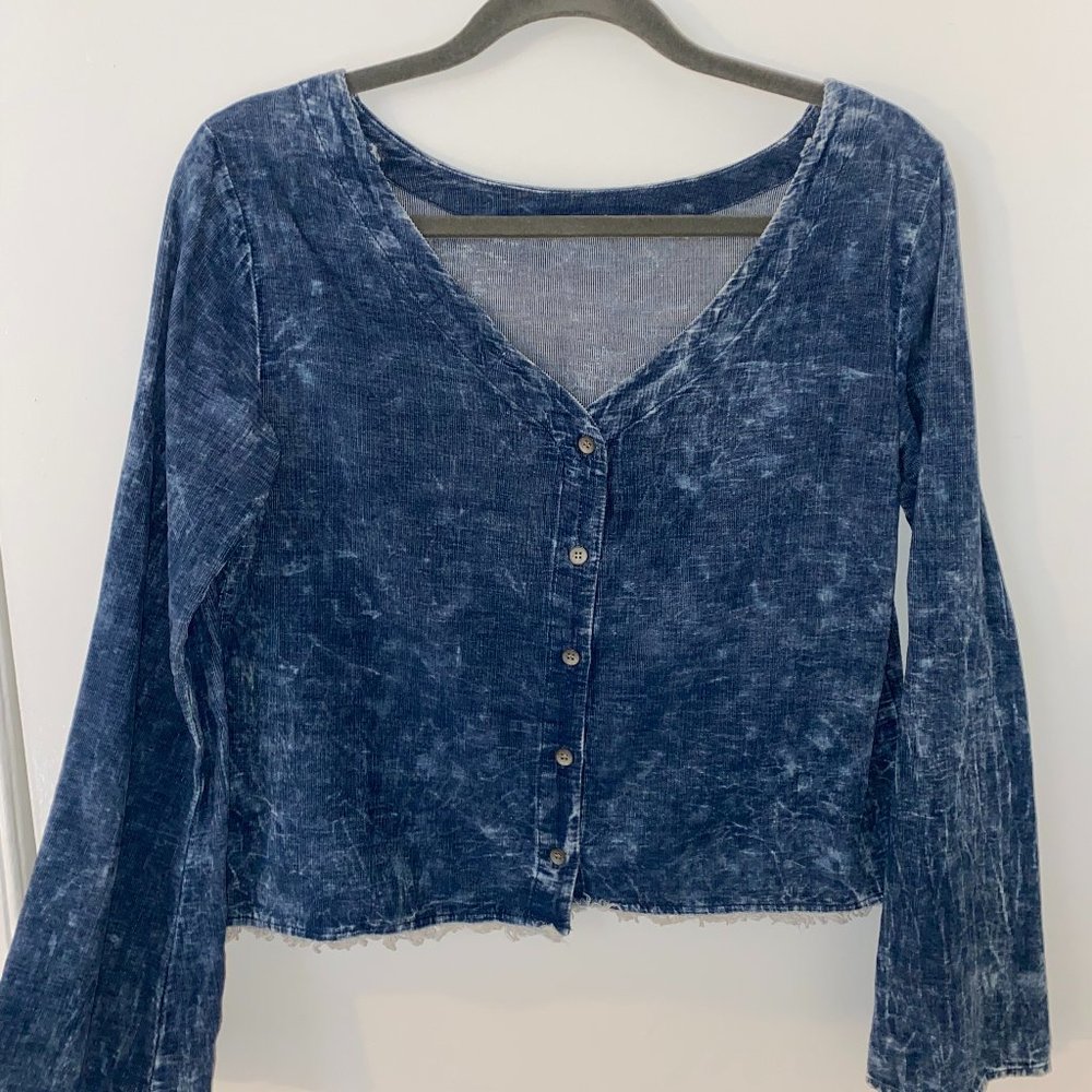 70s Vibes Flare Sleeve Distressed Denim Style Shirt